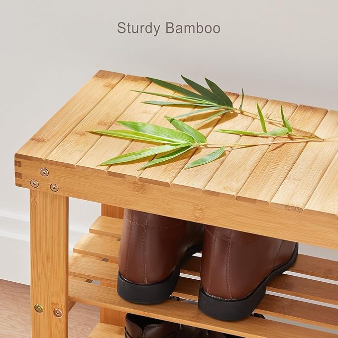 Pipishell 3 Tier Bamboo Shoe Rack Bench - Sturdy Shoe Organizer Holds up to 300lbs for Entryway, Bedroom, Living Room, Balcony