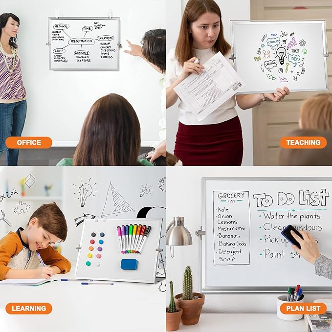 Dry Erase WhiteBoard, Aisuoker 16 x 12inch Magnetic Desktop Whiteboard with Stand, 10 Markers, 10 Magnets and 1 Eraser, Portable Double-Sided White Board for Kids Drawing Memo to Do and List Wall