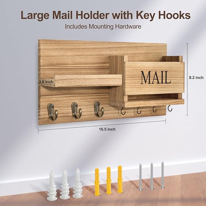 Lwenki Mail Organizer for Wall Mount – Key Holder with Shelf Includes Letter Holder and Hooks for Hallway Farmhouse Decor – Rustic Wood with Flush Mounting Hardware (16.5” x 9.1” x 3.4”) (Wood)