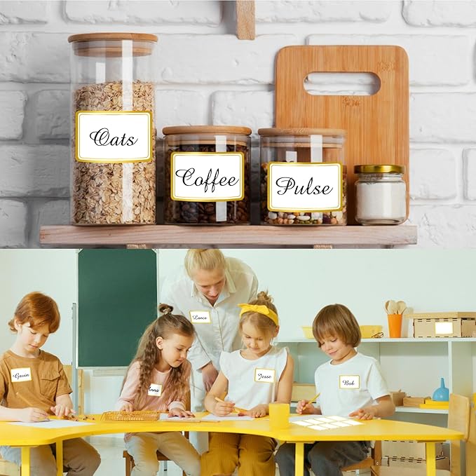 Yeachlaing 2" x 3" 200 PCS Name Labels, Waterproof Blank Name Tag Stickers with Permanent Adhesive Writable Stickers with Metallic Gold Border for School Office Home