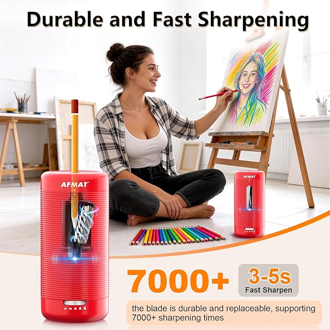 AFMAT Electric Pencil Sharpener, Fully Automatic Pencil Sharpener, Auto in & Out, Rechargeable Hands-Free Sharpeners for Jumbo & Colored Pencils (6.5-12mm), Portable for Home/Classroom/Office PSC2