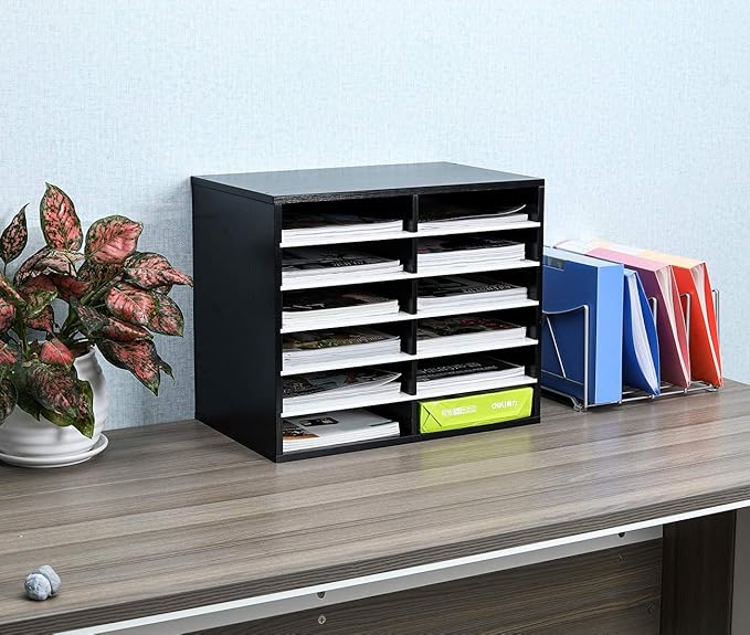 EasyPAG Wooden Literature Organizer with Adjustable Shelves, 12 Compartments Office Paper Organizer Storage 6000 Sheets Letter Size Paper, Student Mailbox for Classroom, Black/White