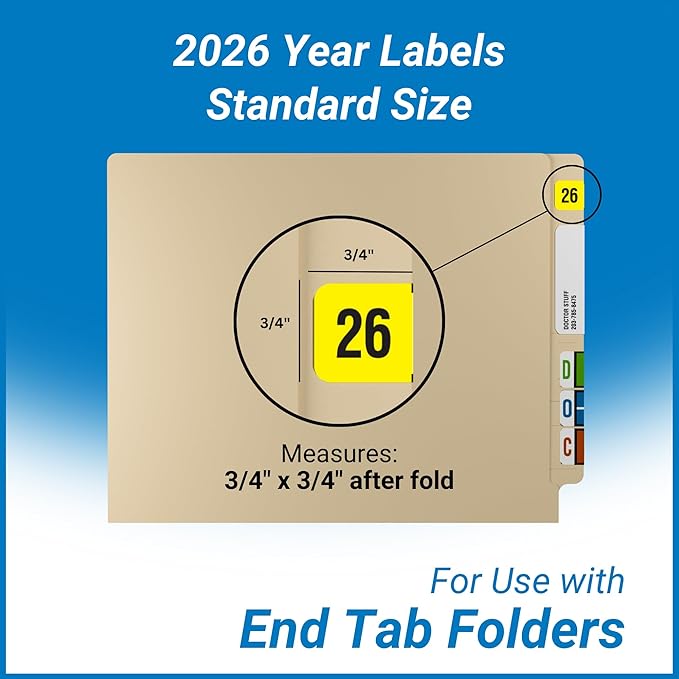 2026 Year Labels, Doctor Stuff 2026 Chart Stickers, Fluorescent Yellow Color Coded, USA Made Year Stickers for End Tab File Folders, 500 Labels/Roll in a Dispenser Box, 3/4" x 1-1/2"
