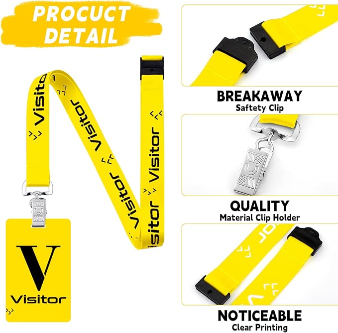 PerKoop 25 Pack Visitor Badge Lanyards Volunteer Badge Holder with Clips ID Card Holder with PVC Pass Card Reusable Breakaway Lanyards for Company Exhibition Guest Visitor (Yellow)