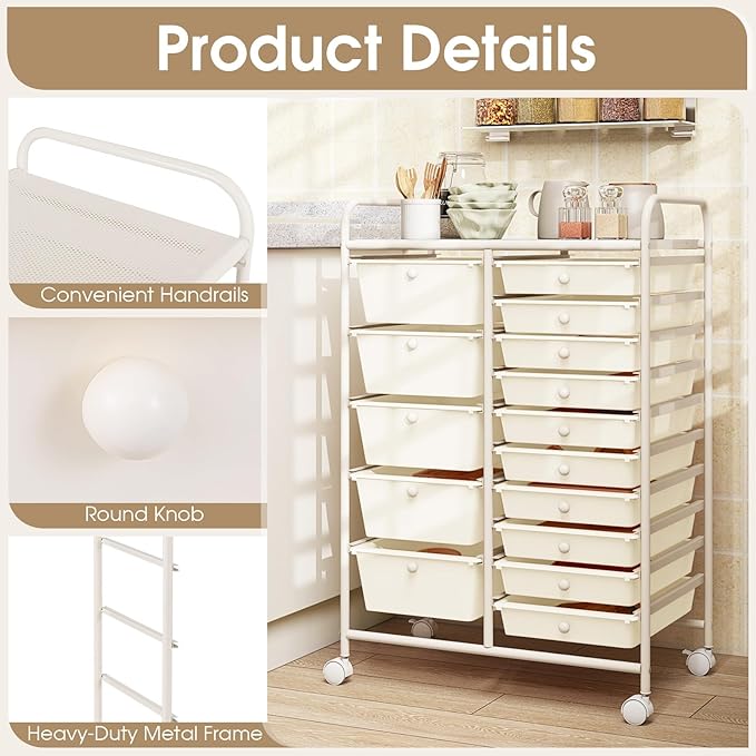 COSTWAY 15-Drawer Rolling Storage Cart, Mobile Utility Cart with Heavy-duty Frame & Lockable Wheels, Multipurpose Storage Organizer Cart for Tools, Paper, Drawer Cart for Home, Office, School, White