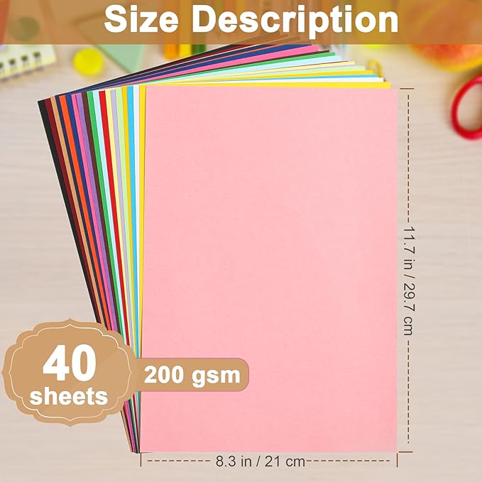 Silunkia 40 Sheets Colored Cardstock A4 Craft Paper, 20 Assorted Colors 200gsm/75lb Art Projects Card Stock Construction Paper for DIY Cards Making, Office Printing, Birthday Decorations, School