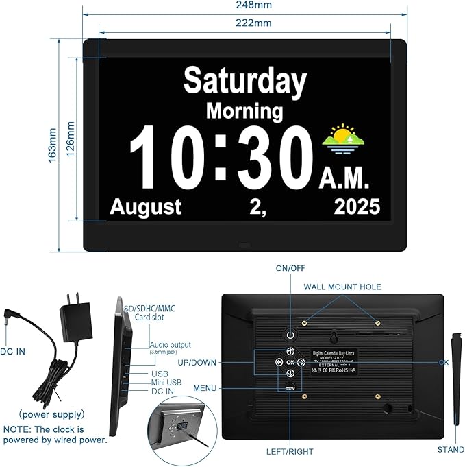 SSYA Dementia Clocks with Day and Date for Seniors,13 Alarms Custom Reminders, Extra Large Digital Calendar Clock for Elderly. (Black)