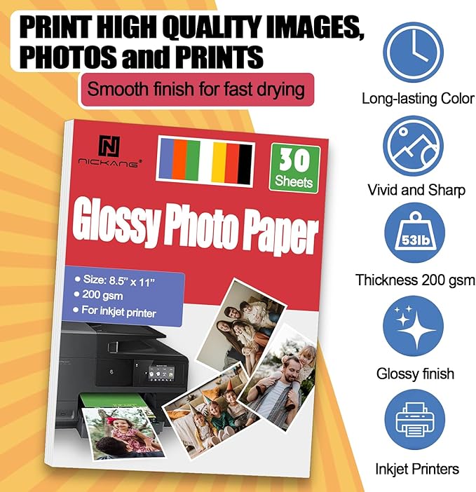 NICKANG Glossy Photo Paper 8.5x11, 53 LB/200 gsm, 30 Sheets, Letter Size, Photo Paper for Inkjet Printer, Photo Printer Paper, Picture Paper