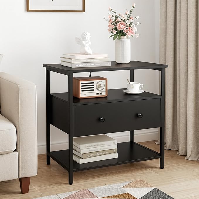 Edbuosy 27 Inch Wide Night Stand with Charging Station, Wood Nightstand with Open Shelf, Large Drawer Bedside Table for Living Room/Bedroom/Office (Black)