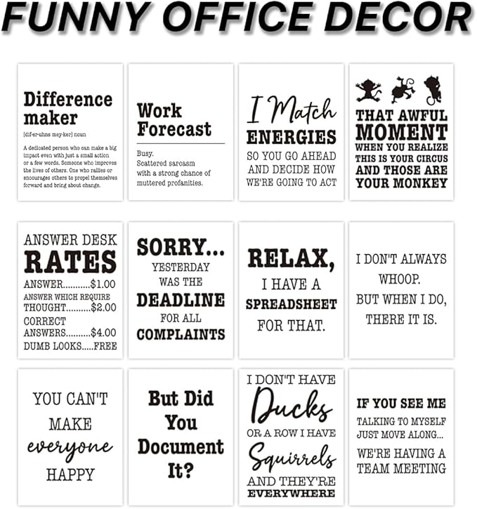 Funny Office Decor Desk Signs, 12 Different Cards Desktop Novelty, Boss Day Gifts for Women Men Accessories for Office Holiday Colleague Coworkers Gag Gift Supplies 5 x 4 Inch