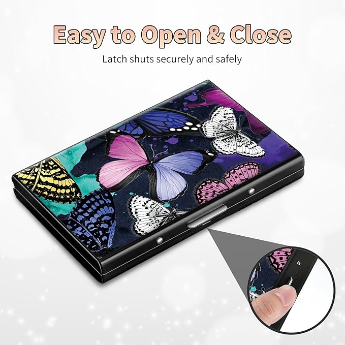 BWEGRHE Slim Credit Card Holder, Color Butterfly RFID Blocking Metal Wallet for Men & Women, Aluminum Minimalist Hard Case Pocket-Sized Business Cards Organizer (Fits Up to 10 Cards)