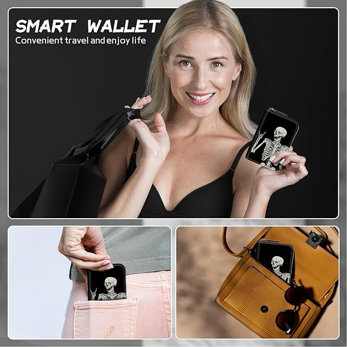 BWEGRHE Cute Credit Card Holder with Zipper, Skull Skeleton RFID-Blocking Card Case Small Wallet for Women Men, Multi-slot Card Organizer Case Travel Accordion Wallet