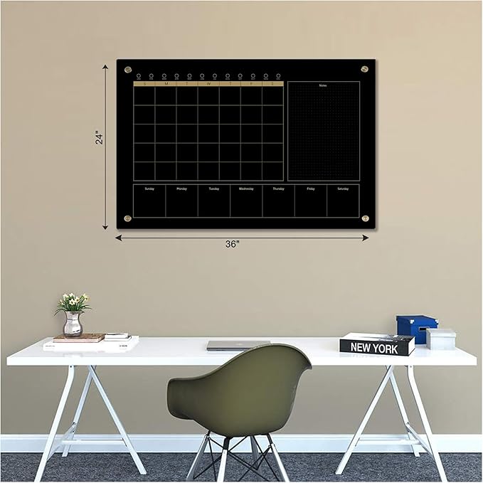 Black Glass 3-1 Monthly Dry Erase Calendar Whiteboard for Wall,24"x 36",Frameless Mounting,Office/School/Home, Frameless Large Planner White Board