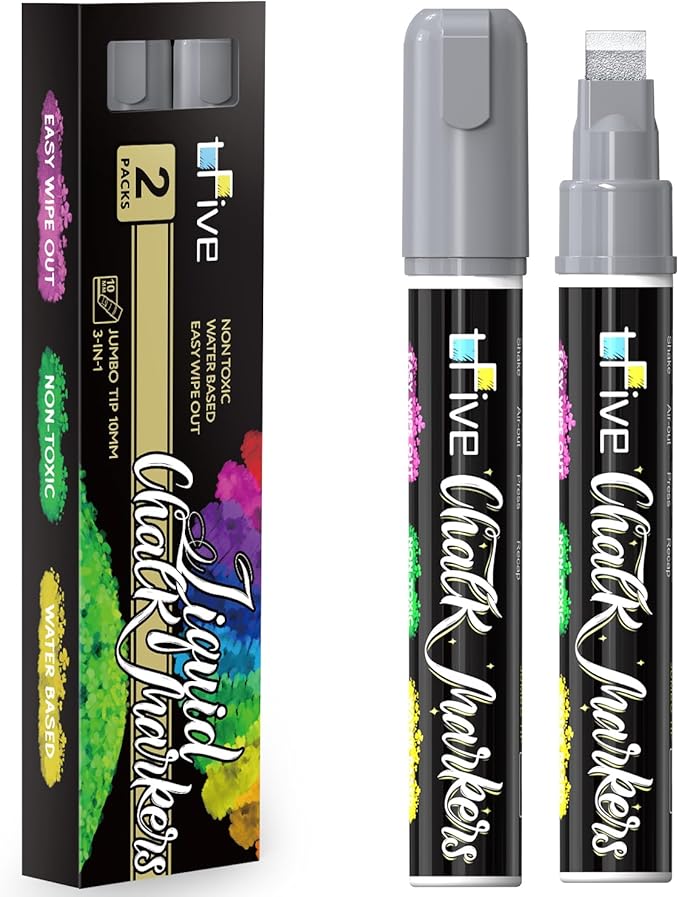 TFIVE Metallic Silver Liquid Chalk Markers - 2 Pack Jumbo Chalk Pens with 10mm 3 in 1 Nib Wide Tips, Dry & Wet Erase Marker Pens for Glass, Chalkboard, BlackBoard, Windows, Calendar, Pumpkin, Mirror