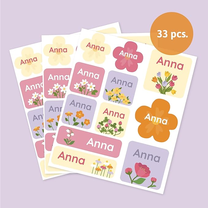 Large Name Labels for Kids (33) - Custom Stickers for Daycare and School Supplies - Durable, Waterproof Stickers for Water Bottles, Lunch Boxes, and More with Unique Designs - Flowers