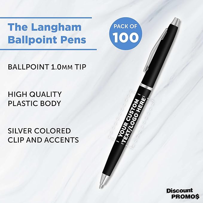 DISCOUNT PROMOS Custom Langham Ballpoint Pens Set of 100, Personalized Bulk Pack - Black Ink, Great for Office, School, Business, Tradeshows - Black
