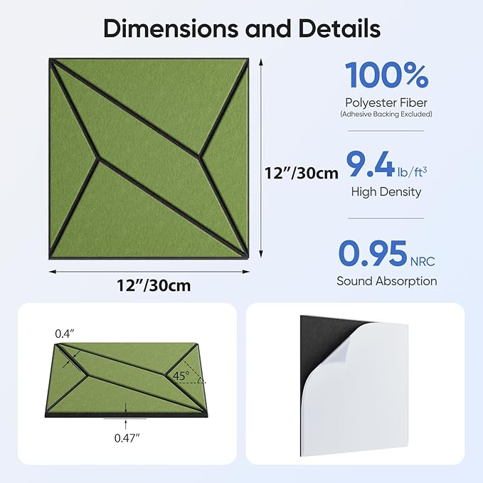 UNECHO 12 Pack 12" X 12" X 0.47" Acoustic Panels for Wall Sound Absorbing, Dual-Color P-Stripes Square Self-Adhesive Sound Panels, High Density Suitable for Multiple Scenarios(Black+DarkGreen)