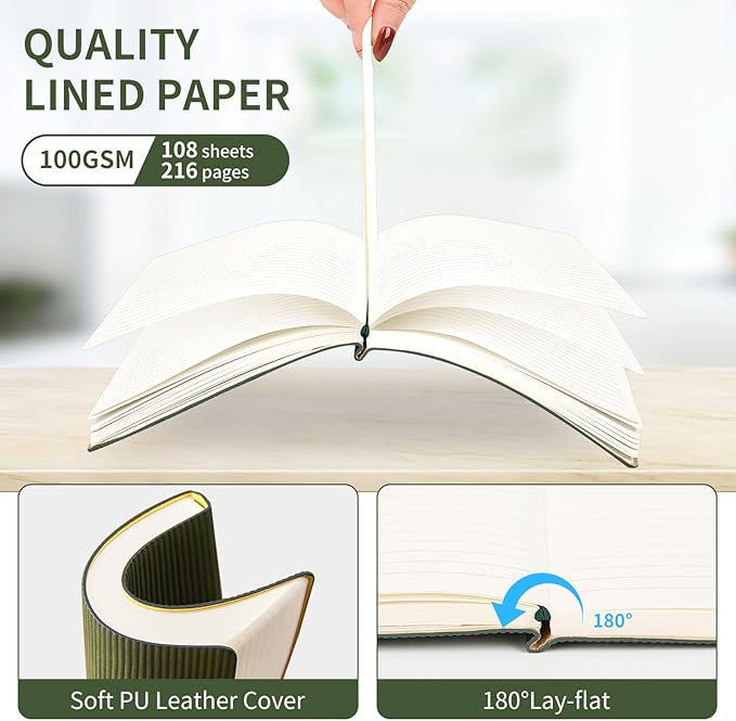 TSFPapier A5 Lined Notebook with Pen & Gift Box 216 Pages PU Leather Journal for Women Men 100GSM Thick Paper College Ruled Notebook for Christmas Gifts, School,Travel,Business,Work,Home Writing (Dark Green)