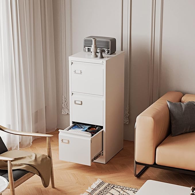 Fesbos 3 Drawers Vertical File Cabinets - 17.8" Deep Lockable Filing Cabinet - White Metal Storage Cabinets for Home Office to Hanging Files Letter/Legal/F4/A4 Size