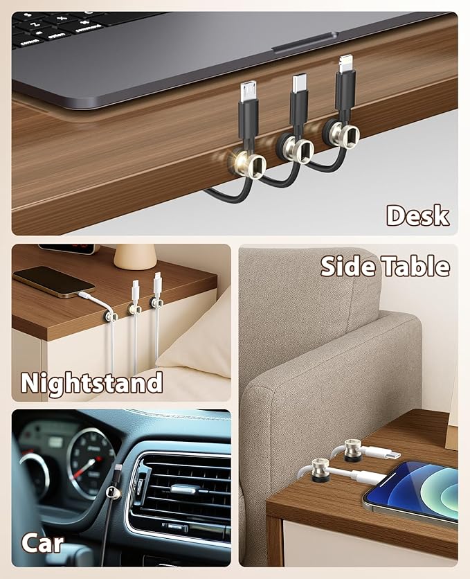 Viaky Magnetic Cord Holder Charger Holders for Cords Metal Cable Management Adhesive Cable Clips Office Desk Accessories Wire Holder Organizer Neatly for Nightstand Office Car Desk(3 Pack)