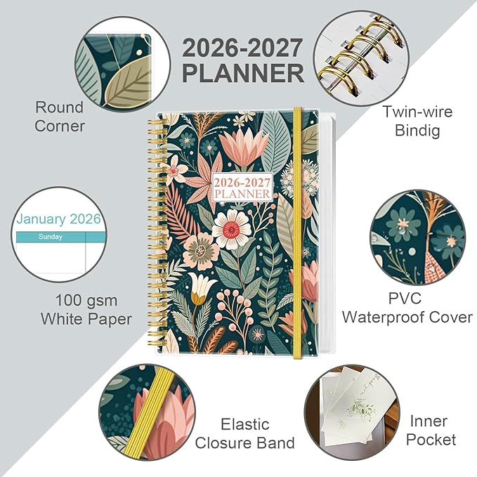 2026-2027 Planner - 18 Months Weekly & Monthly Planner from January 2026 - June 2027, Spiral Notebook 2026-2027 with Elastic Closure, Inner Pocket, Medium 5.8" x 8.3", Flower-C