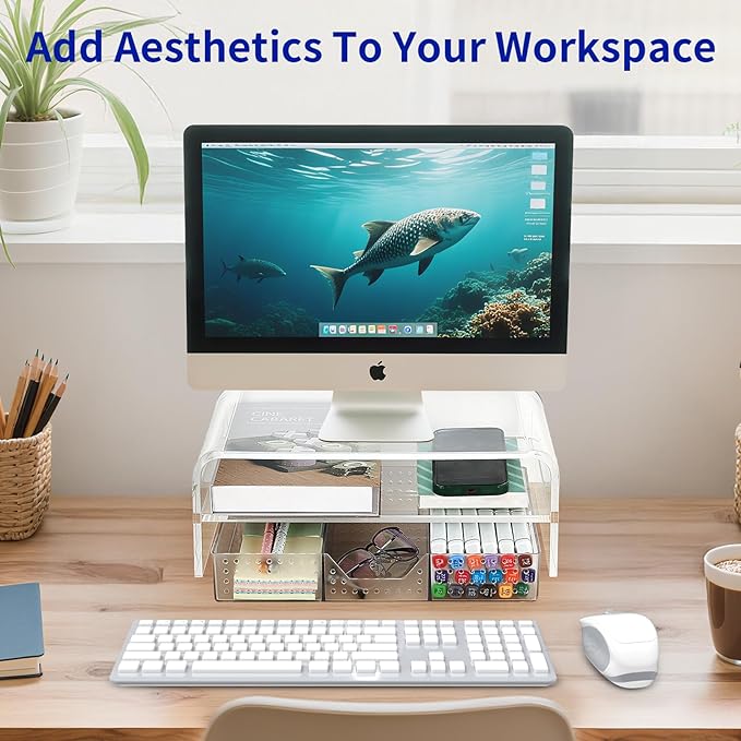 OPNICE Acrylic Clear Desk Organizers and Accessories, 2-Tier Computer Monitor Stand Riser with Drawer, Laptop Stand, Office Desk Accessories for Office Supplies, Transparent