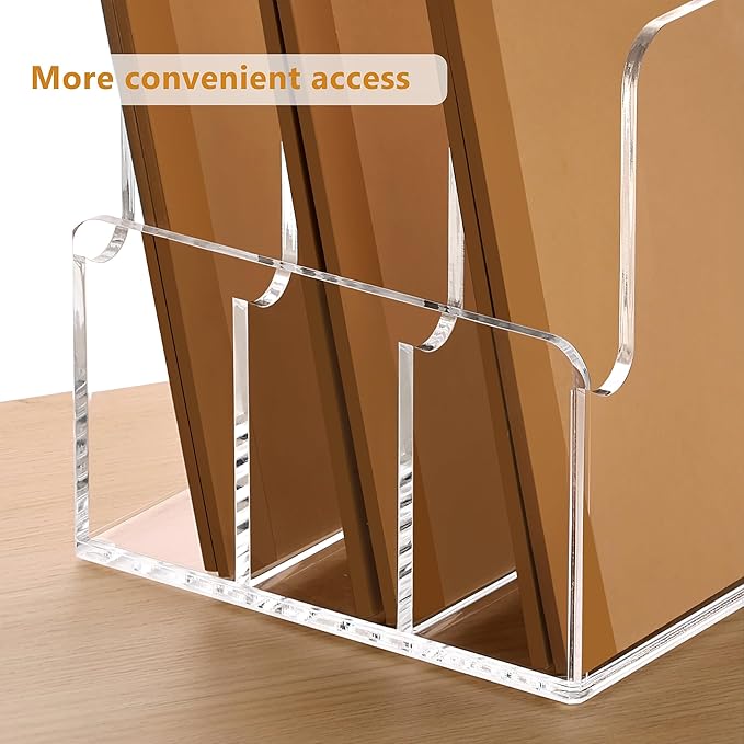 SANRUI Desk Organizer Clear Acrylic Desk Magazine File Holder with 3 Vertical Sections Magazine Rack File Organizer for Office, Home, School