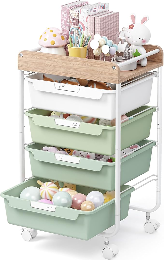 Rolling Storage Utility Cart With 4 Drawers,Kids Craft Art Cart,Makeup Organizer And Storage with Wooden Tabletop,Green