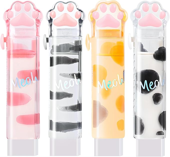 Retractable Pencil Eraser, Cute Erasers,Kawaii Cat Paw Eraser,Suitable for School Home Office Supplies, 4Pcs