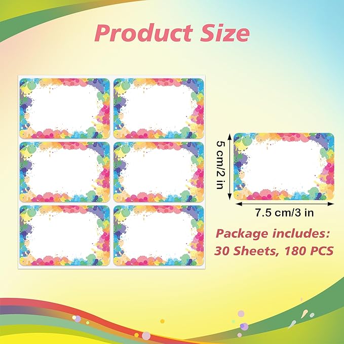 Lucleag 180PCS Watercolor Rainbow Name Tags Stickers, Rainbow Color Name Tag Labels Stickers for Back to School Classroom Student Office Desk Cubby Locker Theme Party Decoration, 2x3 inch
