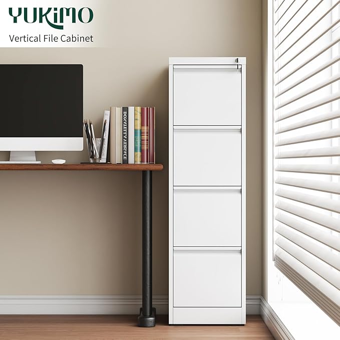 Yukimo 4 Drawer File Cabinet with Lock, Vertical File Cabinet with Lock, Locking File Cabinet Hanging Files for A4/ Legal/Letter, Require Assembly, White