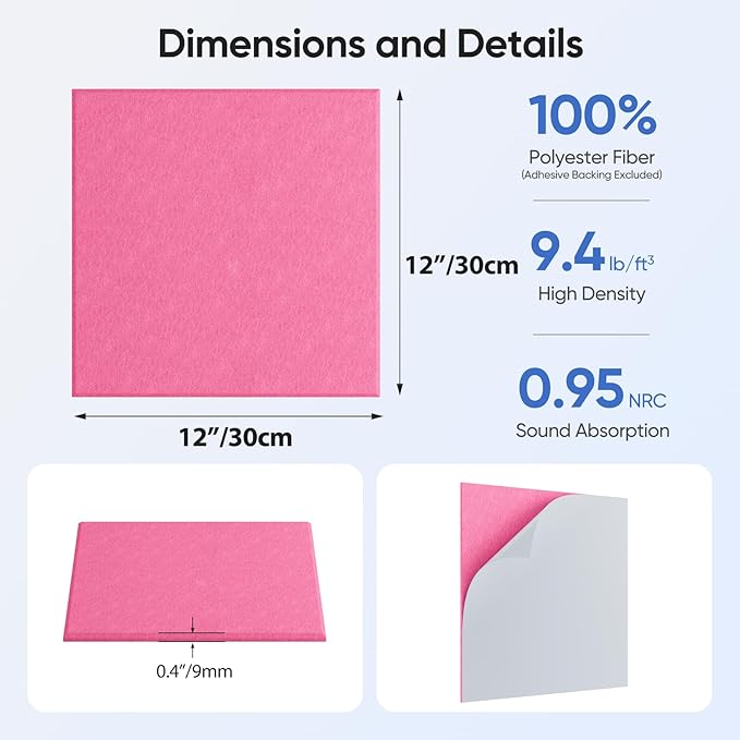 UNECHO 12 Pack 12" X 12" X 0.4" Acoustic Panels for Wall Sound Absorbing, Square Self-Adhesive Sound Panel, High Density Suitable for Multiple Scenarios(PeachPink)