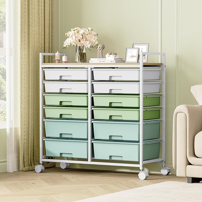 Rolling Storage Cart with 12 Drawers, Wooden Tabletop Utility Cart for Craft Storage, Art Supply Storage & Home Office Organization, Teacher Cart with Wheels for Classroom Organization, School (Green)