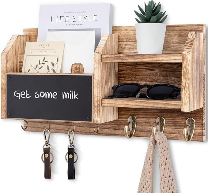 Lwenki Mail and Key Holder – Wall Mount Key Hanger with Shelf and 7 Metal Hooks – Decorative Natural Paulownia Wood Entryway Organizer with Mounting Hardware (16.5”W x 8.7”H x 3.5”D) (Wood)