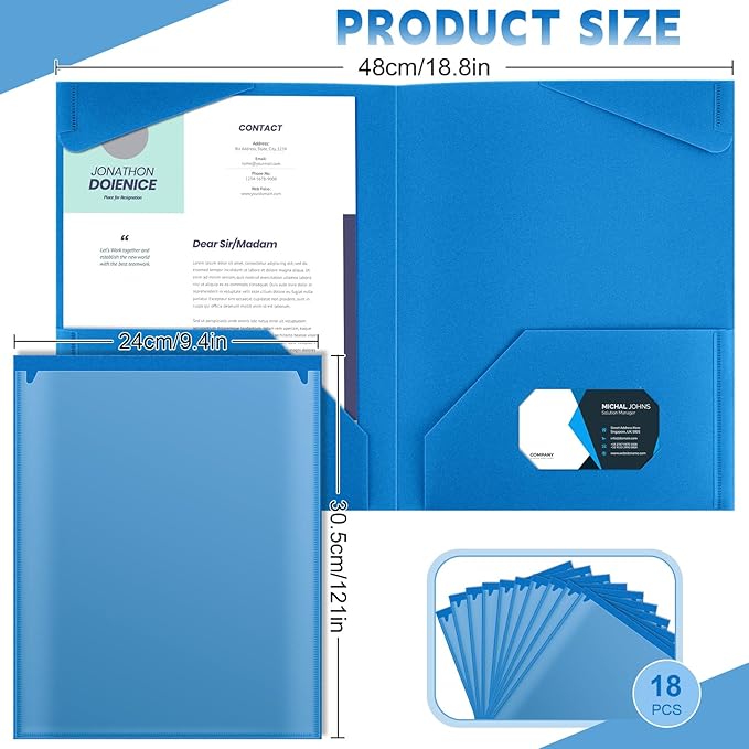 Henoyso 18 Pcs Plastic Folders with Clear Front Pockets Heavy Duty File Folders with 2 Pockets and Card Slot for Student Communication School Office Presentation Report (Blue)