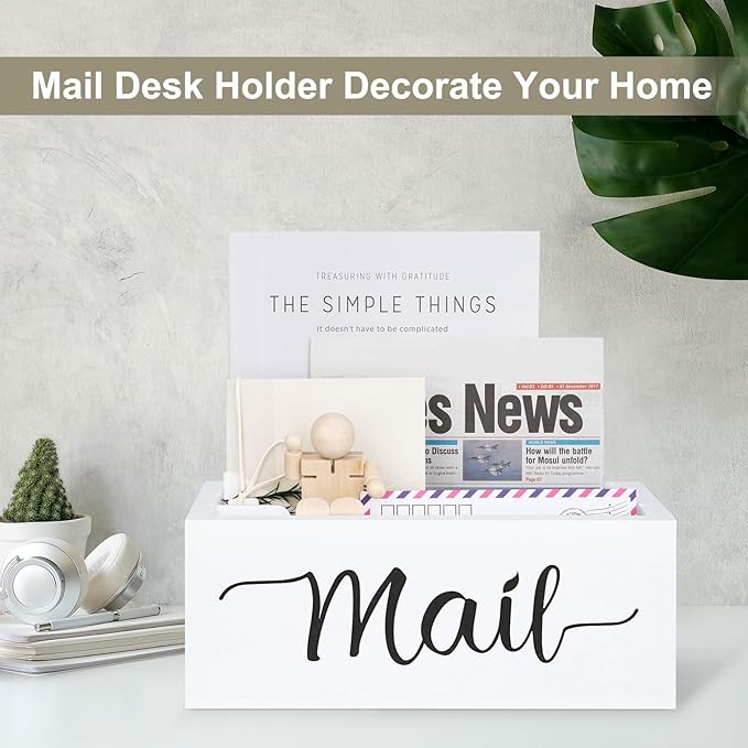 Desk Mail Organizer, Mail Organizer Countertop with 3 Slots, Wood Desk Mail Storage Box, Envelop Holder for Home Office (White-3 Slot)