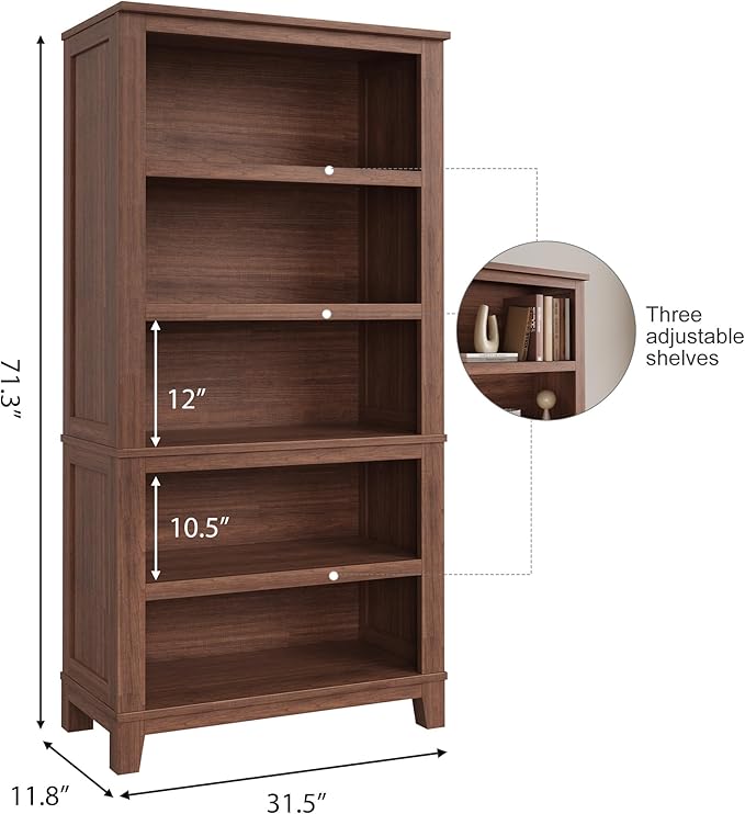 IDEALHOUSE 71" Farmhouse Bookshelf w/Adjustable Shelves & 31.5 in Whidth, 5 Tier Tall Bookcase with Wood Legs, Rustic Wooedn Book Shelf for Living Room Office (Brown, 71.3" H x 15.7" W x 11.8" D)