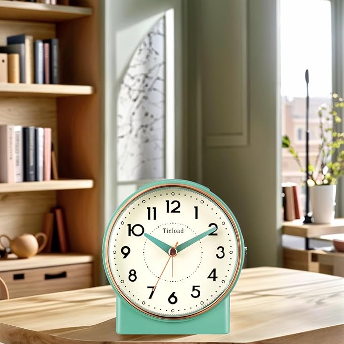 Tinload 4.3" Retro Analog Alarm Clock, Vintage Decor, No Ticking Silent, Easy to Set, Gradual Rise Alarm, On/Off Switch on Side, Gentle Wake, Snooze, Lighted on Demand, Battery Operated, Retro Green