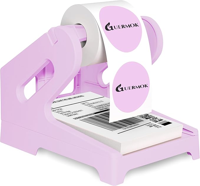 Guermok Thermal Shipping Label Holder for Rolls & Fan-Fold, Fragile Stickers for Shipping, Label Stand Desktop Printer Holder-Home Office Accessory Sticker Dispenser for Holographic (Purple)