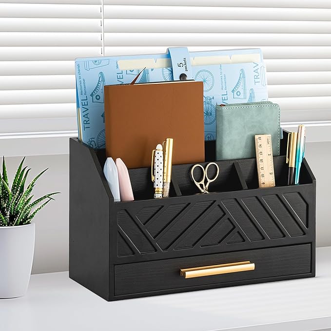 dreampossible Black Wood Desk Organizer and Accessories with Drawer, Bill Mail Organizer and File Mail Holder for Office Supplies, Modern Desk Accessories & Workspace Organizers for Desk Organization