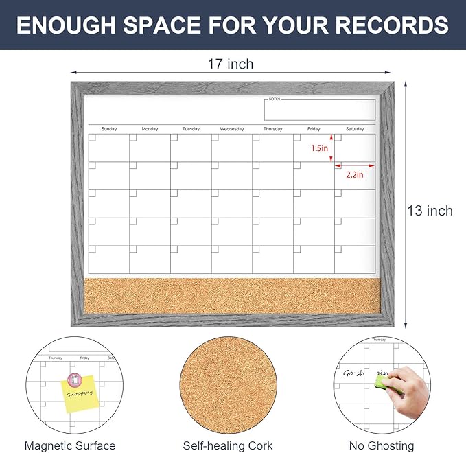 Calendar Whiteboard for Wall, 17x13 Inches Dry Erase Calendar Cork Board Combo, Magnetic Monthly White Board with Wood Framed, Hanging Dry Erase Board for Home Kitchen Office Planner Memo