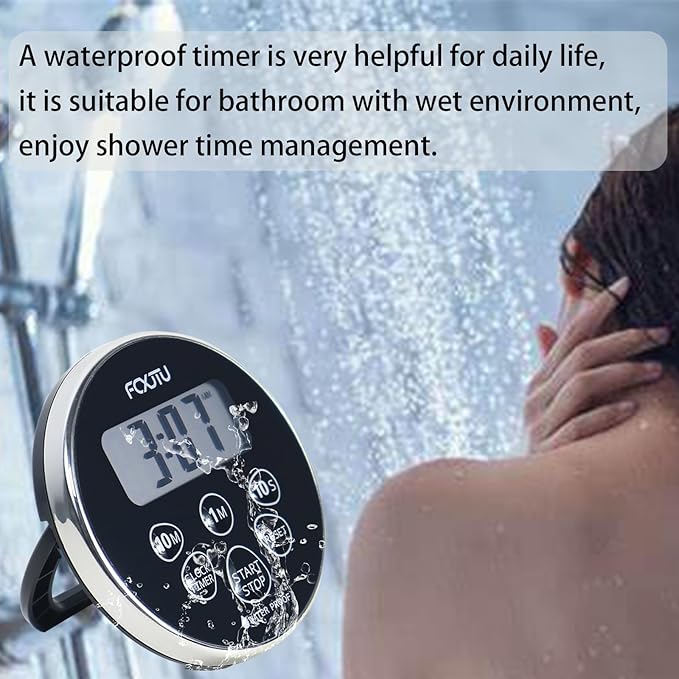 FCXJTU Digital Waterproof Shower Clock Timer, Bathroom Shower Countdown Timer for Kitchen Cooking with Alarm, Magnetic Back, Stand Silver Black