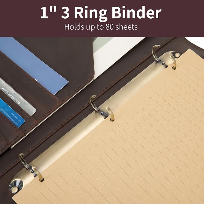 Geslun Personalized Genuine Leather 3 Ring Binder, Custom Engraved 8.5 x 11 Letter Size Folio with Pen Holder, Soft Notebook Portfolio Cover, Notepad Padfolio Organizer for Meeting, Dark Brown