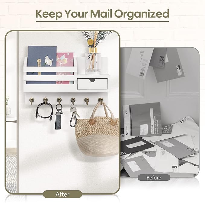 FifthQuarter Key Holder Wall Mount: Key and Mail Holder for Wall with 6 Hooks and Storage Drawer, Easy Installation Key Rack for Entryway Home Decor (A-White)