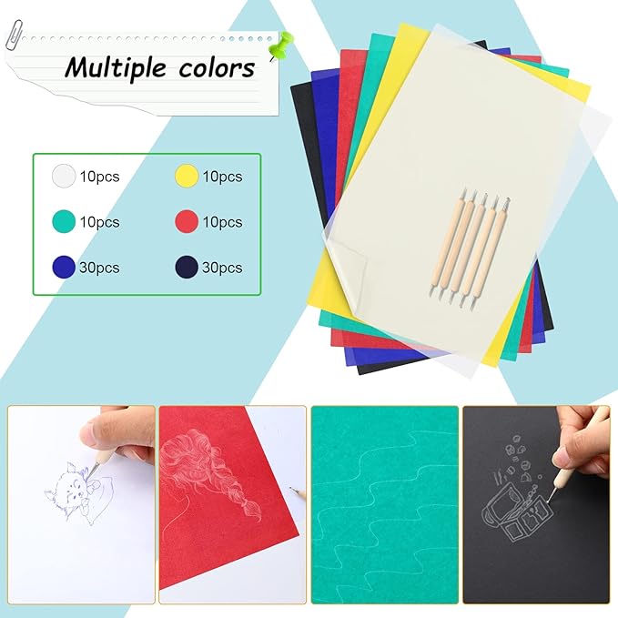 105 Pcs Carbon Transfer Paper 11.7 x 8.3 Inch Tracing Carbon Graphite Copy Paper with Embossing Stylus Tracing Stylus Dotting Tools for Cloth Wood (Black, Blue, White, Green, Red, Yellow)