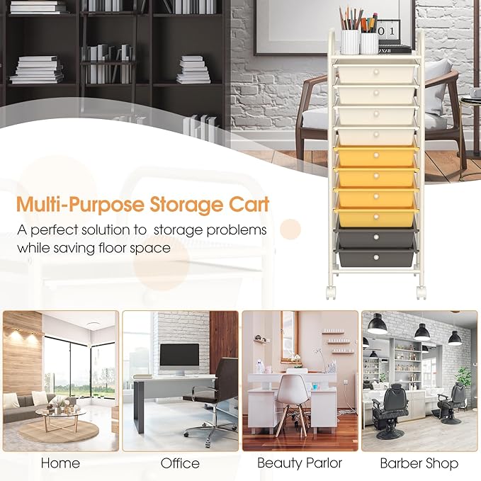 GLACER 10 Drawers Rolling Cart, Storage Cart with w/Removable Drawers & Steel Frame, Utility Mobile Trolley w/Universal Casters & 2 Brakes, Organizer Cart for Home, School, Office (Yellow)