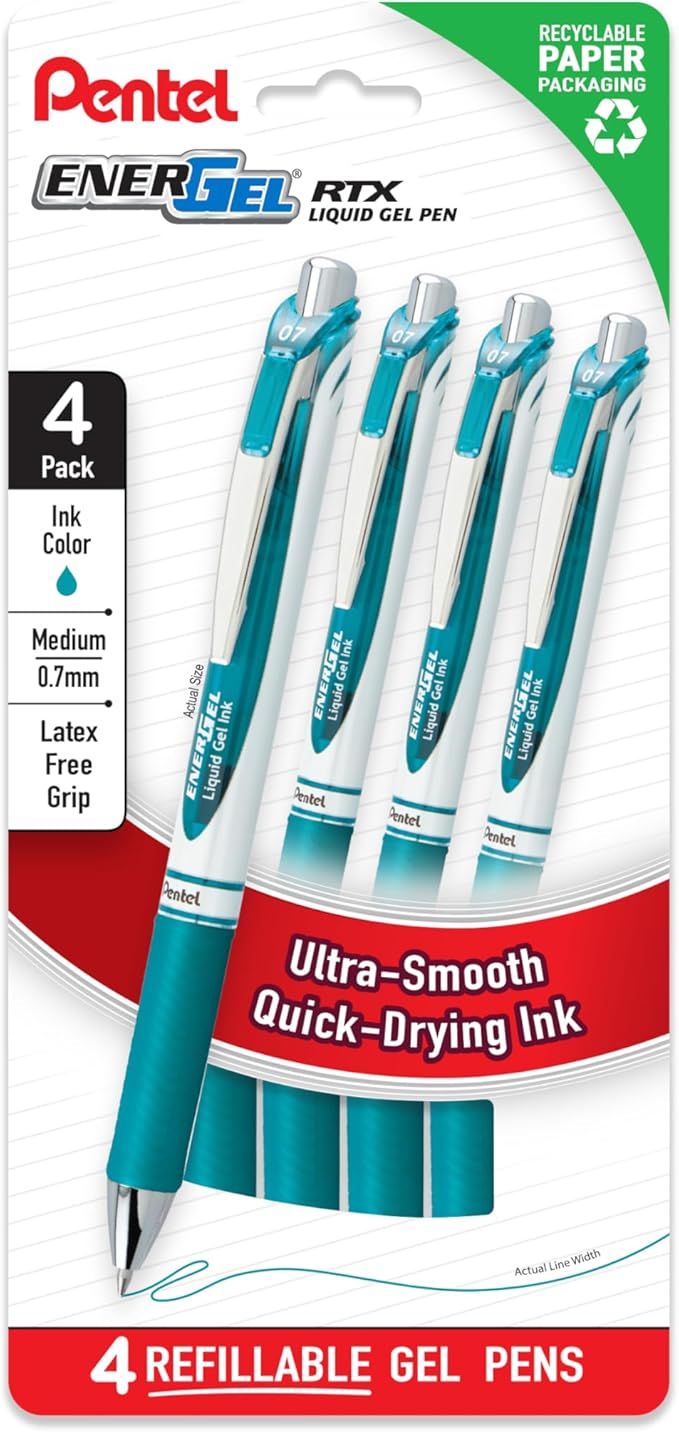Pentel EnerGel RTX Liquid Gel Pens, Medium (0.7mm), Turquoise, 4-pk (BL77PF4S3)