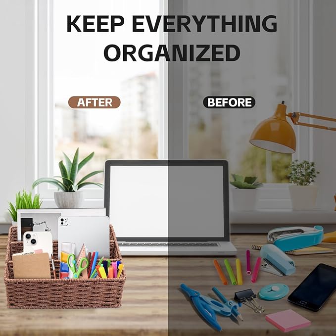 Woven Mail Organizer for Desk Countertop, Mail Holder Sorter Storage Basket for Desktop Counter, Mail Bill File Envelope Letter Holder Organizer Basket for Desk Desktop Countertop, Brown