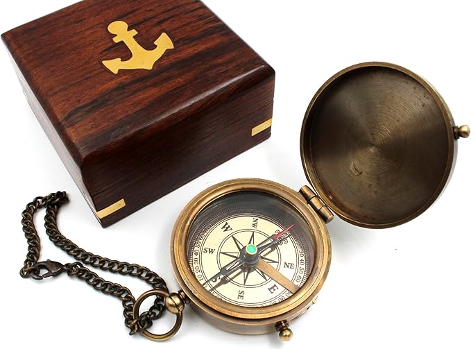 US HANDICRAFTS Listen to Your Heart Engraved Brass Compass | Portable Sentimental Son Birthday, Graduation, Confirmation Gift | Pocket Compass with Wooden Case with Case