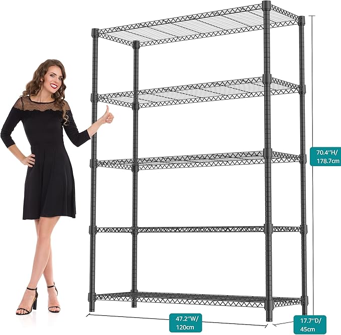 M MZG 5 Tiers Shelf 1750 lbs Steel Storage Shelving Utility Shelving Unit Steel Organizer Wire Rack for Home,Kitchen,Office,Garage Black 17.7" D x 47.2" W x 72.4" H